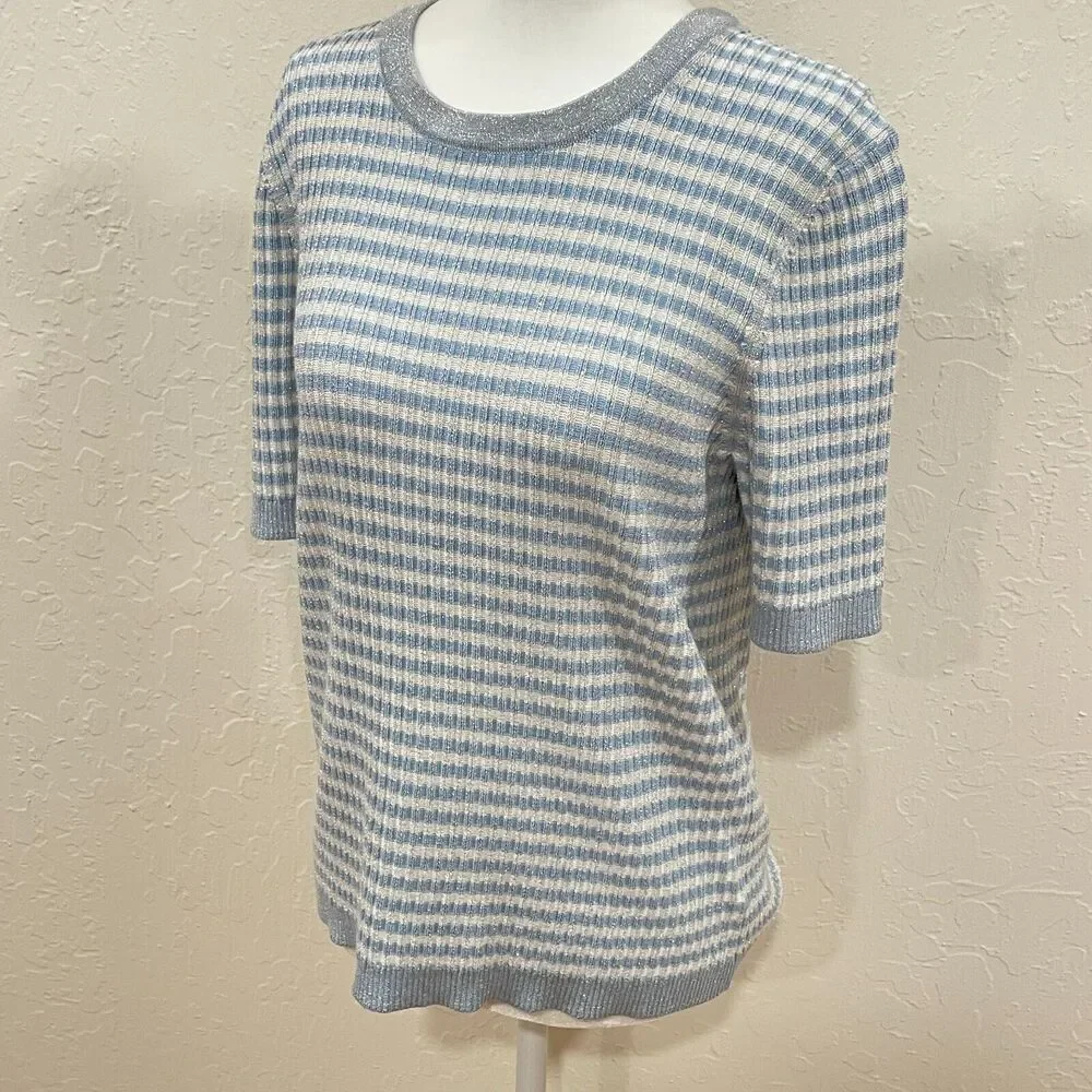 ~ Brooks Brothers XL Sweater Short Sleeved Striped Metallic Ribbed Knit Lt Blue